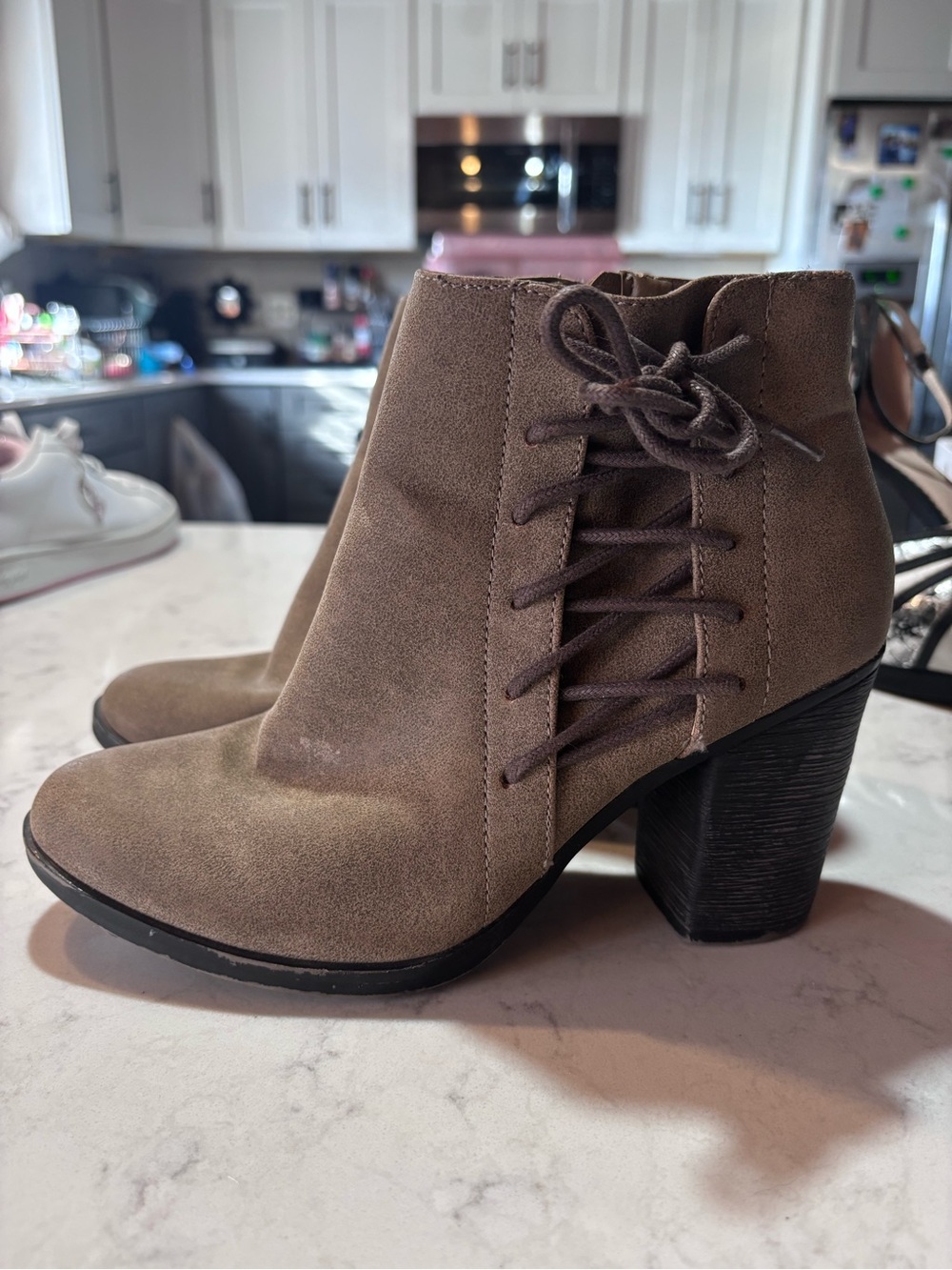 BAMBOO Taupe Lace-Up Suede Ankle Booties